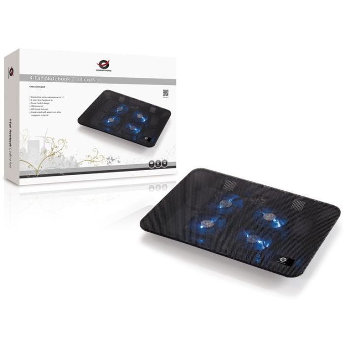 Conceptronic Refrigerador Portátil 4 Ventiladores USB 2.0 Negro Aluminio 15.6" 4