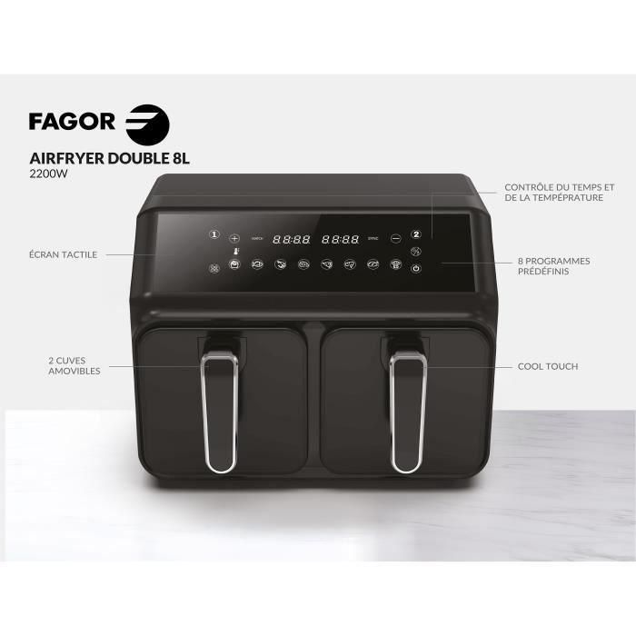 Airfryer 8L - FAGOR - Freidora sin aceite 2 depósitos de 4L - 2200W - 8 programas - Negra 4 Airfryer 8L - FAGOR - Freidora sin aceite 2 depósitos de 4L - 2200W - 8 programas - Negra 4