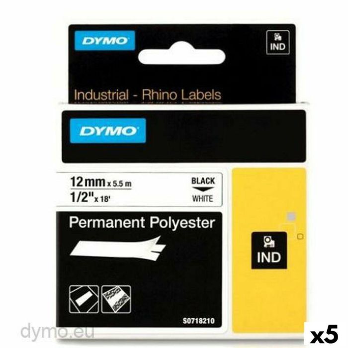 Cinta Laminada para Rotuladoras Rhino Dymo ID1-12 12 x 5,5 mm Negro Blanco Autoadhesivas (5 Unidades)