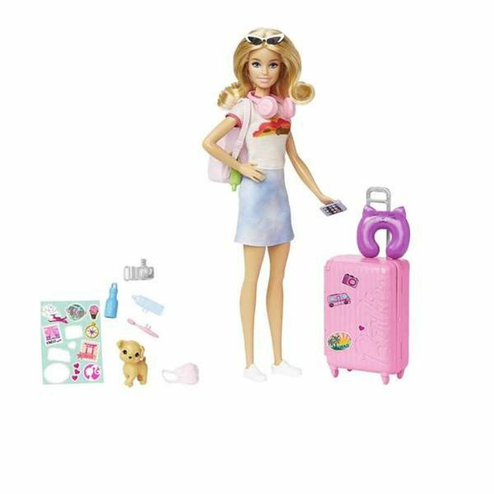 Barbie Hjy18 Muñeca Malibú Roberts ¡Vámonos de Viaje! con Perrito, Accesorios de Viaje y Maleta It Takes Two +3 Años