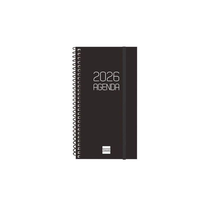 Finocam Agenda Espiral Opaque Día Página E9-94x171 mm Tapa PP Negra 2026 con Goma Elástica y Esquinas Microperforadas