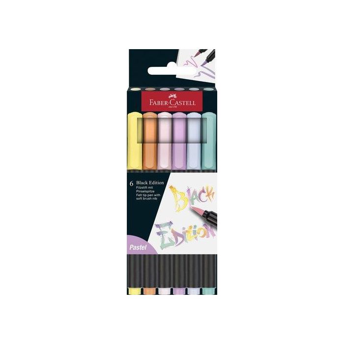Faber-Castell Rotuladores Black Edition Punta de Pincel Pastel, Tinta Comestible, Caja 6 Unidades Colores Surtidos