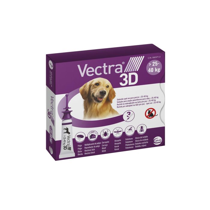Vectra 3D Perro Grande 25-40 kg 3 Pipetas Antiparasitario Repelente contra Garrapatas, Pulgas y Mosquitos. Protección 4 Semanas