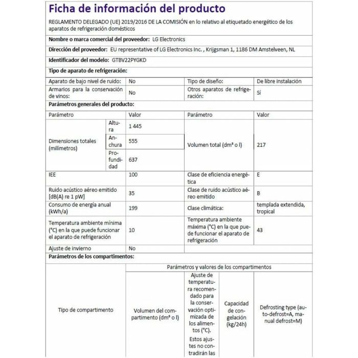 Frigorífico combinado LG GTBV22PYGKD 145 Acero 2