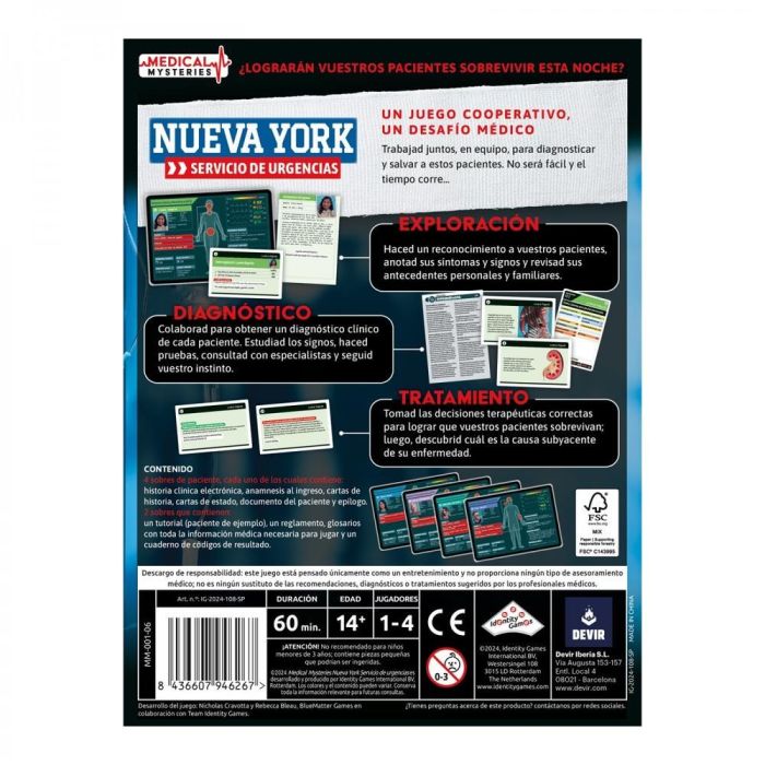 Devir Medical Mysteries New York Juego de Mesa Cooperativo Medicina Misterio Suspenso 4 Casos Clínicos