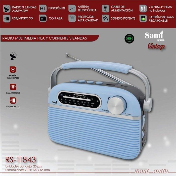 SAMI Radio AC/DC 3 bandas vintage AZUL con Bluetooth, USB y micrófono