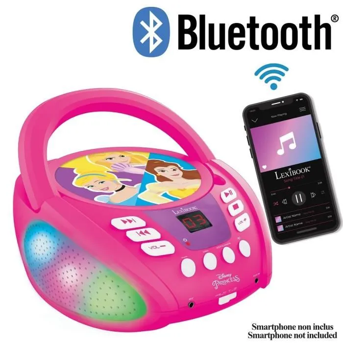 Lexibook Reproductor de CD Bluetooth Princesa de Disney con Efectos de Luz Multicolor, Compatible con Smartphones y Tablets 1