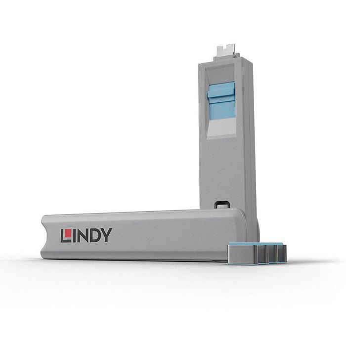 Lindy Bloqueador de Puertos USB Tipo C y Thunderbolt 3 con Llave de Seguridad - Kit de 4 Bloqueadores Azules para Protección de Datos