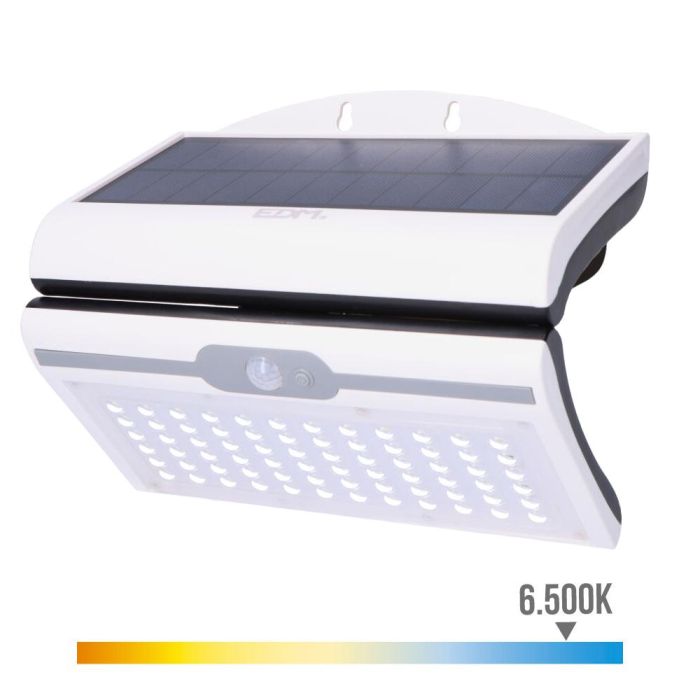 Edm Aplique Solar 6W 430lm 6500K Blanco con Sensor, 72 LEDs, IP44, Panel Solar Policristalino, Batería de Litio 1500mAh