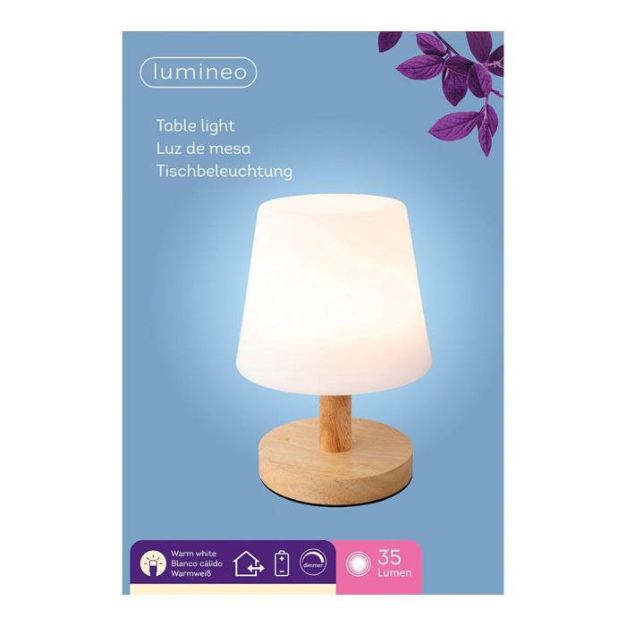 Lumineo Lámpara led de mesa 22 cm para exterior e interior, acabado en madera y metal, luz cálida LED, IP44, 35 lm, carga USB, referencia 894386 1