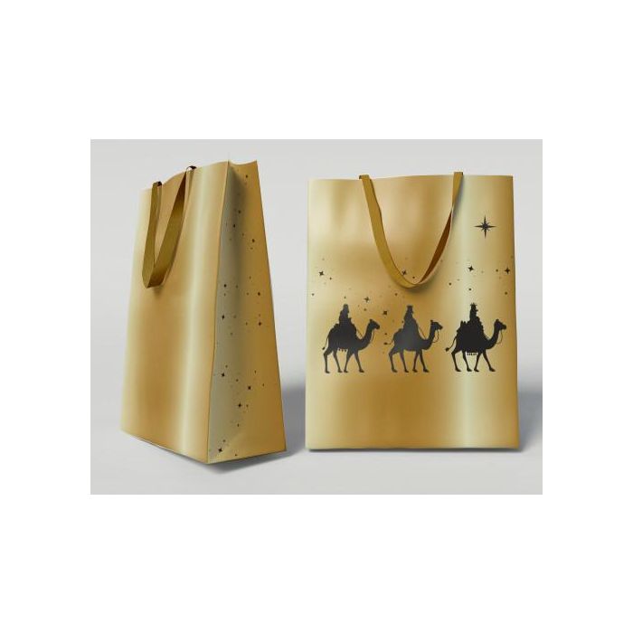 Bismark 333673 Bolsa de Papel Dorada Reyes Magos, Asas de Lazo y Tarjeta Colgante, Tamaño S 24x10x32 cm