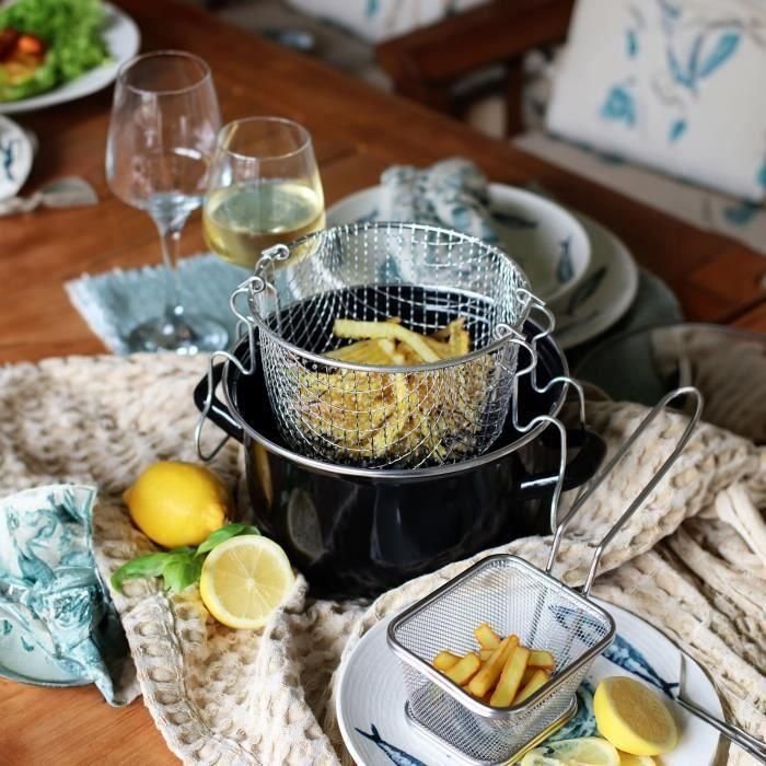 THEKITCHENETTE 3645580 Freidora con tapa de cristal negro, 26cm, acero esmaltado, para inducción y todas las fuentes de calor, con canasta 3