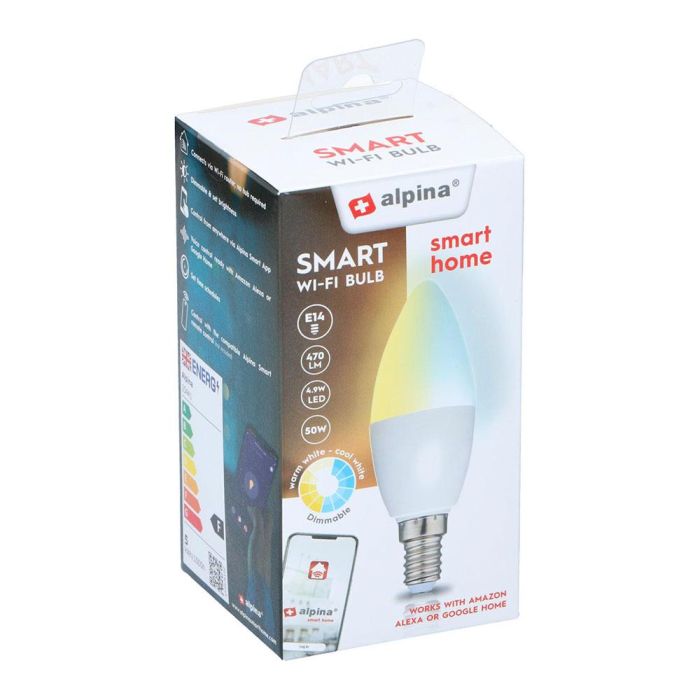Alpina Bombilla Inteligente LED Vela E14 4.9W (Eq. 50W) 470lm Regulable Wi-Fi 2700-6500K Compatible Alexa Google Home 1 Alpina Bombilla Inteligente LED Vela E14 4.9W (Eq. 50W) 470lm Regulable Wi-Fi 2700-6500K Compatible Alexa Google Home 1
