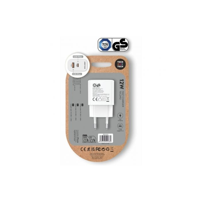 Tech One Tech TEC2412 Cargador Pared Doble USB-C USB-A 12W Blanco 1