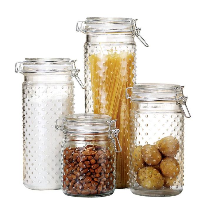 DKD Home Decor 1,4/1,1/760ml Bote de Cristal e Inox Transparente, Set de 4 con 2 Litros de Capacidad, 10x33x10 cm