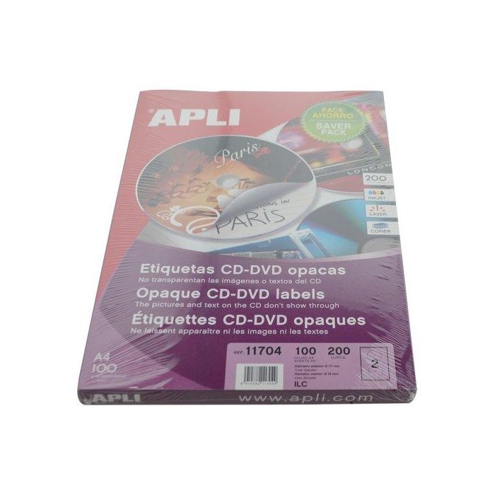Etiquetas Adh.Impr.Apli A4 Multimed.Cd-Dvd Mega Caja 100H Dorso Opaco Ø Ext.117 E Int.18 Mm 200 Uds.(11704)