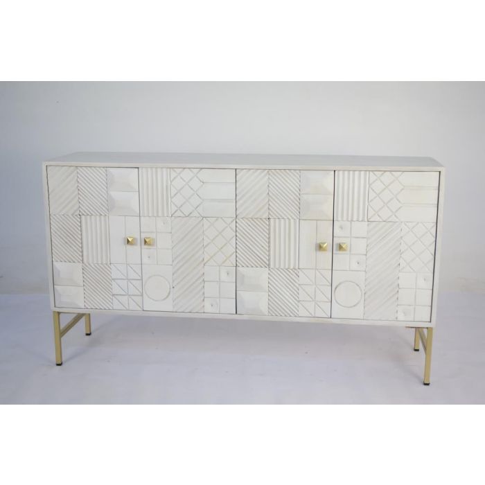 DKD Home Decor Buffet Moderno Blanco Dorado, 157x43x84 cm, 4 Puertas, 2 Estanterías, Madera de Mango y Latón, Hecho a Mano Diseño Rombo