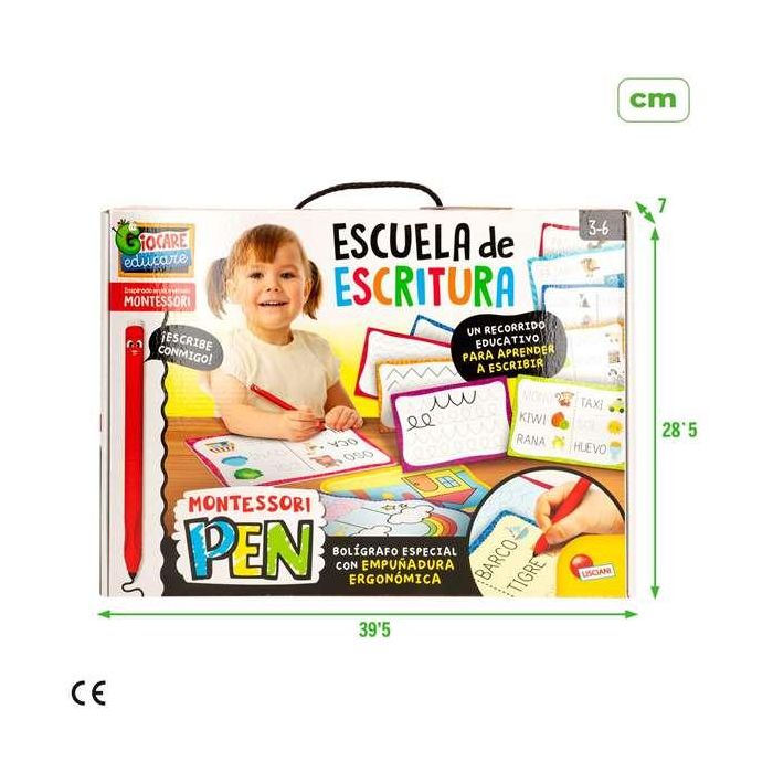 Juego educativo montessori escuela de escritura. una escuela infantil para aprender a escribir y leer.