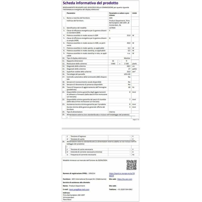 Monitor Gaming AOC U27B3A 27" 4K Ultra HD 35