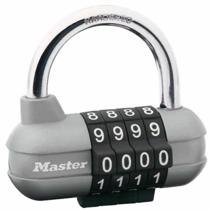 Master Lock Candado de Combinación Programable 4 Dígitos 64 mm, Acero Endurecido 7 mm, para Casillero Deportivo y Escolar, Gris Plateado