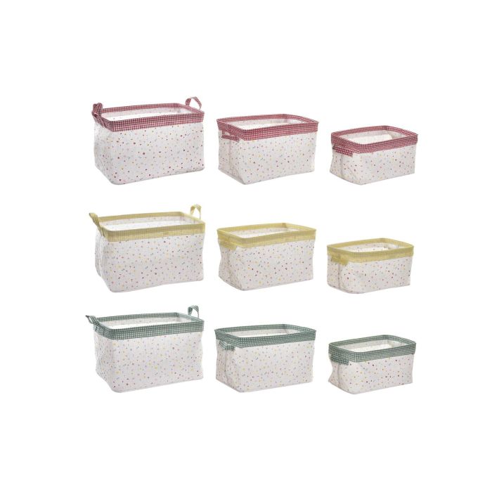 DKD Home Decor Cesta Decorativa para Almacenamiento Shabby Vichy de Algodón y Poliéster Set de 3 - 21x35x20 cm - Amarillo y Verde