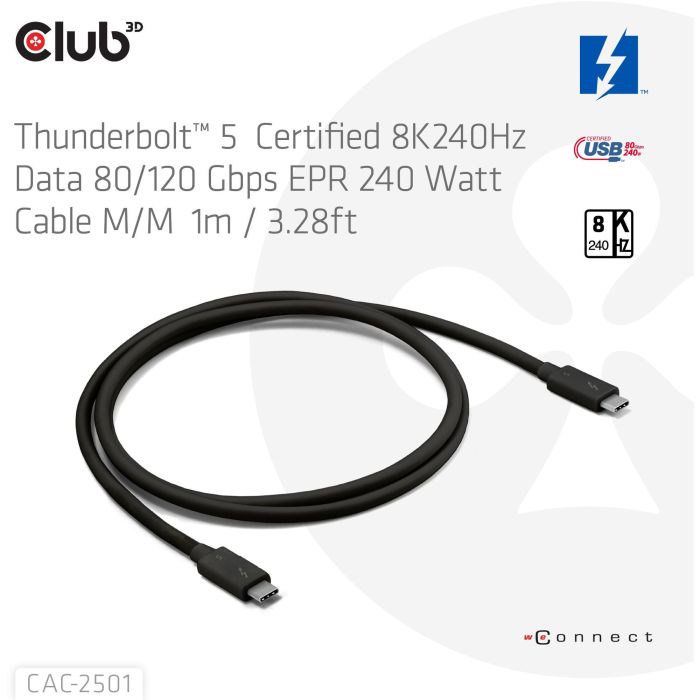 Club3D Kabel Thunderbolt5 zertifi. 8K240Hz/ 80/120Gbps 1m 2 Club3D Kabel Thunderbolt5 zertifi. 8K240Hz/ 80/120Gbps 1m 2