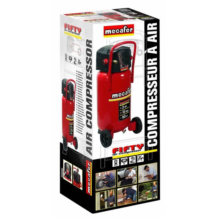 Mecafer FIFTY Compresor de aire vertical 50 L sin aceite 2 HP 10 bar para bricolaje, portátil, con ruedas y manillar 12