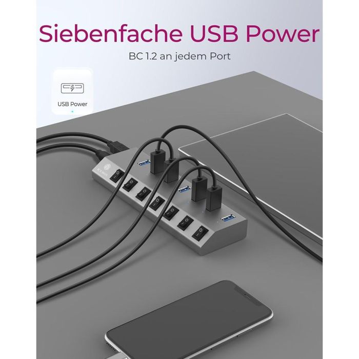USB3.0 HUB 7Port ICY BOX 7xUSB3.0 (An-/Ausschalter für jeden Port) aktiv mit Netzteil Grey 3