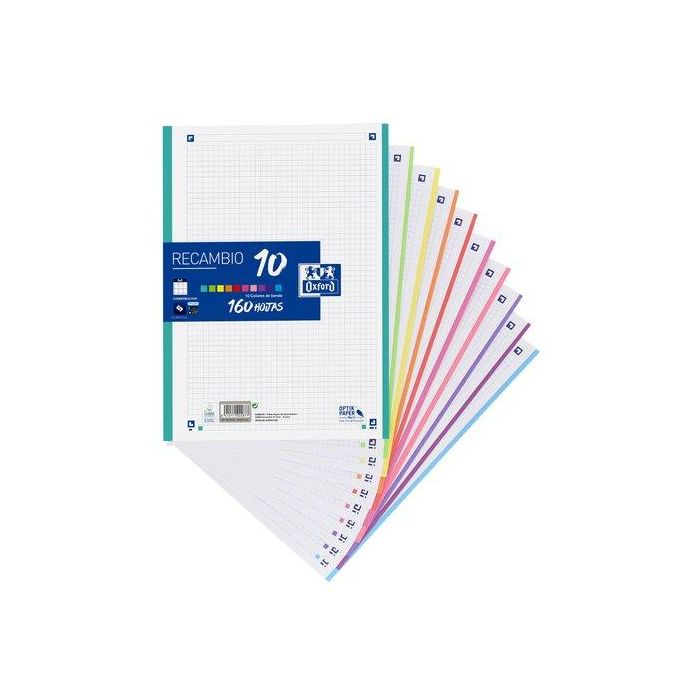 Oxford Recambio A4 160 Hojas 90grs 5x5, 10 Colores Vivos y Pastel, 400106627