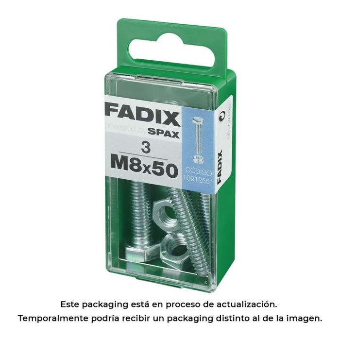 Fadix 10912551 Tornillo Métrica Cabeza Hexagonal con Tuerca Zincado M8x50mm Caja 3 Unidades 0 Fadix 10912551 Tornillo Métrica Cabeza Hexagonal con Tuerca Zincado M8x50mm Caja 3 Unidades 0