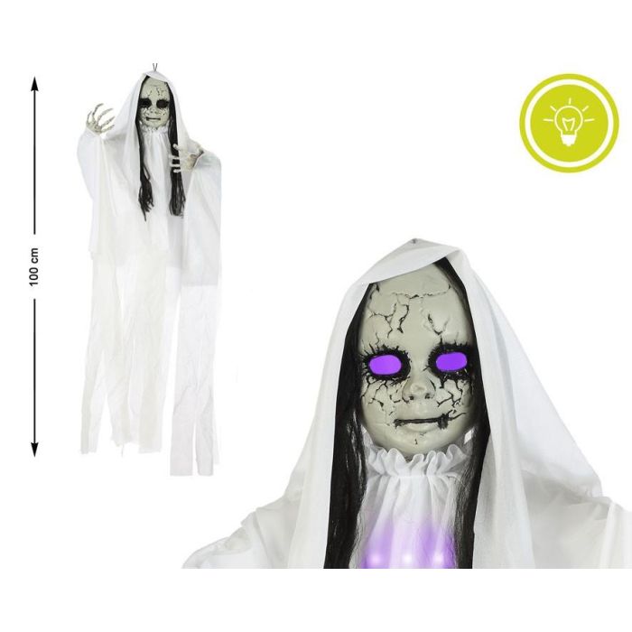 Fantasma Colgante Blanco Con Ojos Luminosos 100x70 cm - Decoración Halloween