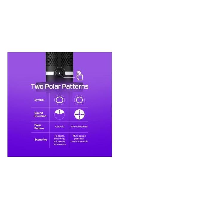 HP DuoCast Micrófono USB Negro con Iluminación RGB, Montura Antivibración y Grabación Hi-Res 24-bit/96kHz