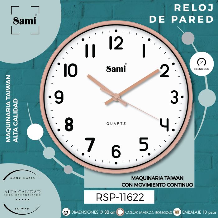 SAMI Reloj de Pared Redondo, 30 cm, Dorado (RGOLD), Decoración para Hogar
