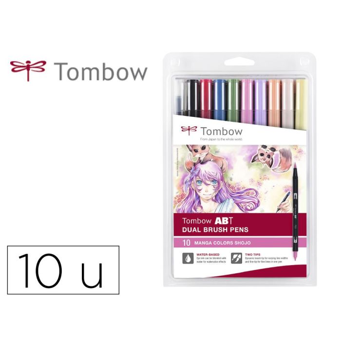 Rotulador Tombow Abt Dual Brush Acuarelable Doble Punta Fina-Pincel Estuche De 10 Colores Manga Shojo