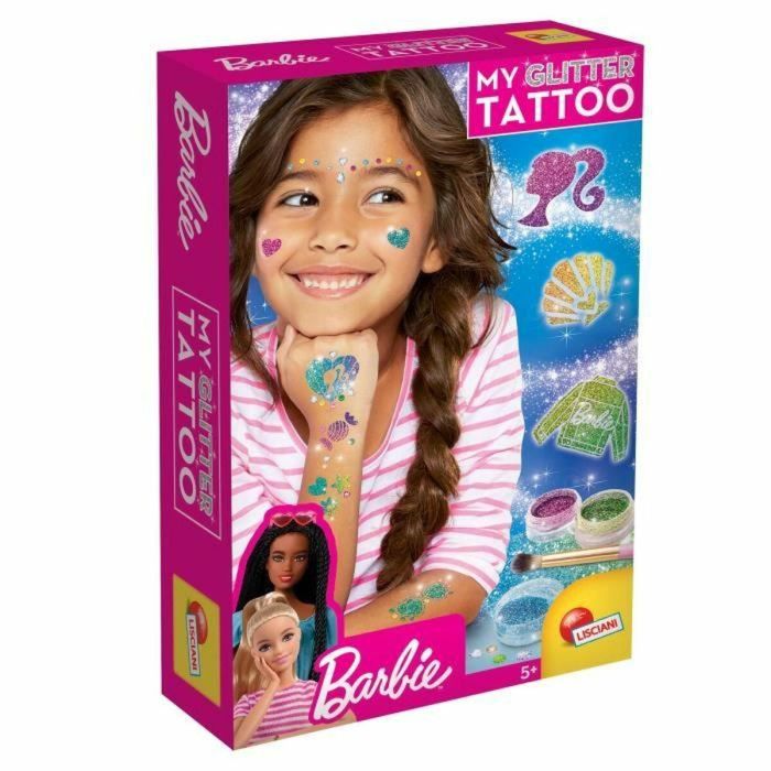 Lisciani Giochi Kit de Tatuajes con Purpurina de Barbie - Crea Tatuajes Coloridos y Brillantes