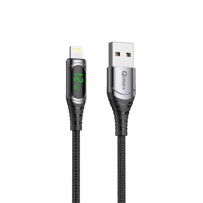 Qcharx international Cable USB a Lightning Formentera con Pantalla LED Indicadora de Potencia, Gris Oscuro Anti-Nudos, 1m