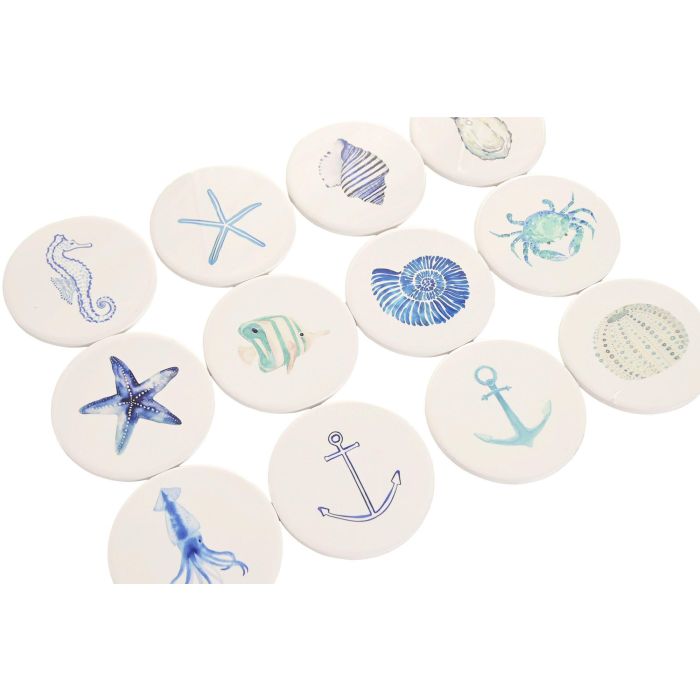 DKD Home Decor Posavasos Mediterraneo Azul Blanco Dolomita Corcho 10.8 x 10.8 x 0.7 cm (72 Unidades)