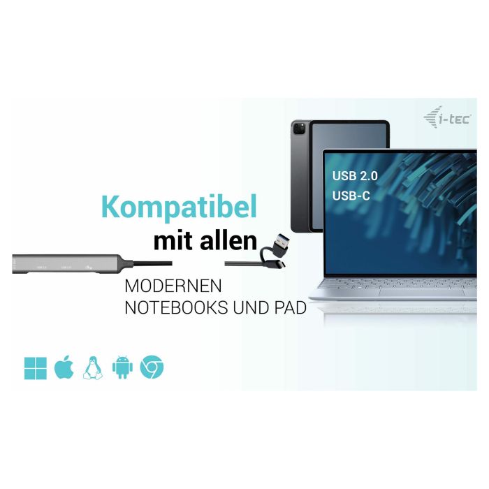 I-tec Hub Multipuerto USB-C/USB-A con 4 Puertos (1x USB-C + 3x USB 2.0) hasta 5 Gbit/s Metálico Plata 4