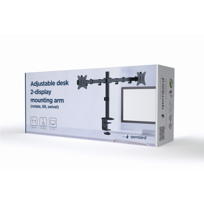 Gembird MA-D2-01 Soporte de Monitor Doble para Escritorio, hasta 32", Giratorio, Inclinable, VESA 75x75/100x100, Negro