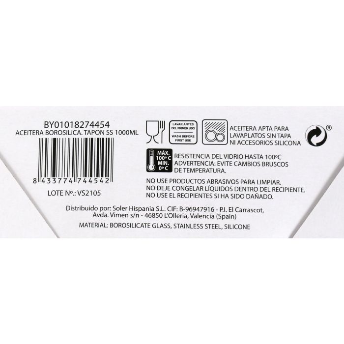 Aceitera de vidrio borosilicato 1000 ml con tapón de acero inoxidable - La Mediterranea (12 Unidades) 11 Aceitera de vidrio borosilicato 1000 ml con tapón de acero inoxidable - La Mediterranea (12 Unidades) 11