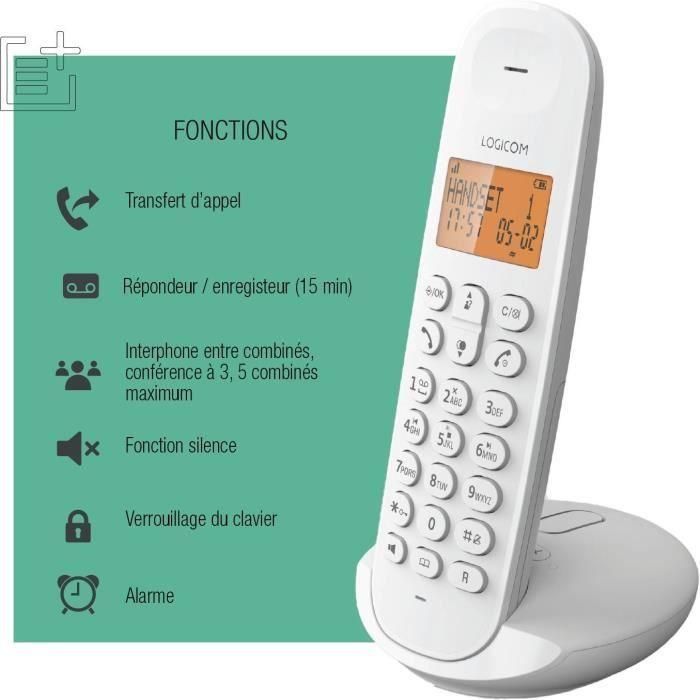 Logicom DECT ILOA 155T SOLO Teléfono Fijo Inalámbrico Blanco con Contestador Automático 5