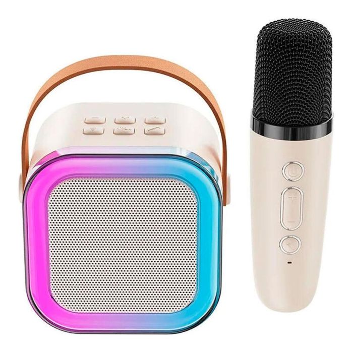 Basics Karaoke Mini Bluetooth 5W con 5 Efectos de Sonido, 8 LEDs RGB y Micrófono Inalámbrico - 8.8 x 6.8 x 8.8 cm