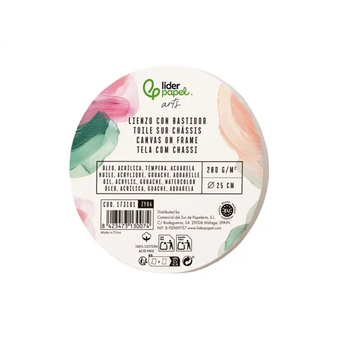 Liderpapel Bastidor Redondo Lienzo Algodón 100% Grapado Parte Trasera Borde Madera 25 cm Gramaje 280g/m2