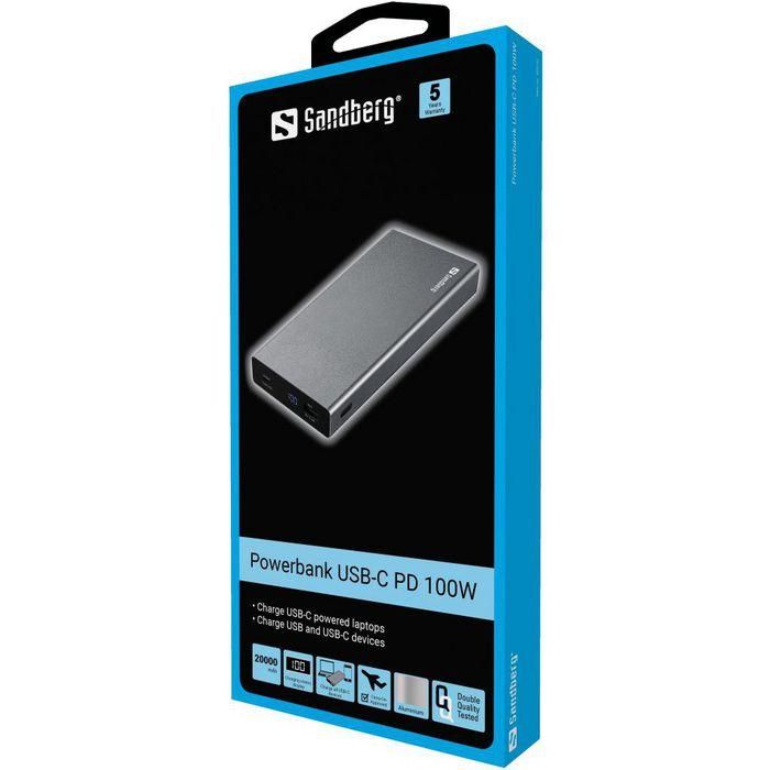 Sandberg Powerbank USB-C PD 100W 20000mAh, Batería Externa de Aluminio Portátil con Carga Rápida para Móviles y Portátiles 1