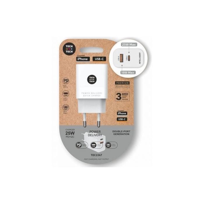 Cargador de Pared Tech One Tech TEC2267/ 1xUSB Tipo-C/ 1xUSB/ 3A/ Blanco