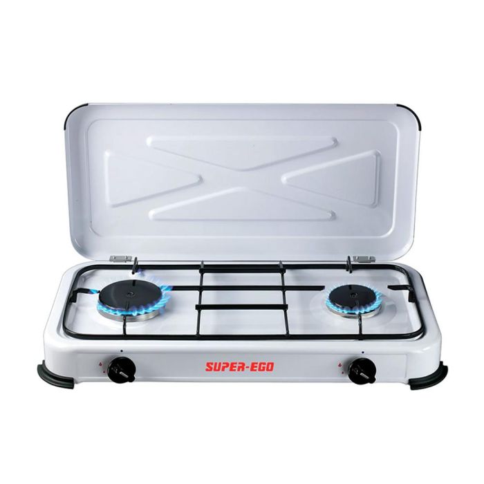 Super Ego Cocina de gas butano 2 fuegos portátil con tapa extraíble y rejilla esmaltada Super Ego Cocina de gas butano 2 fuegos portátil con tapa extraíble y rejilla esmaltada