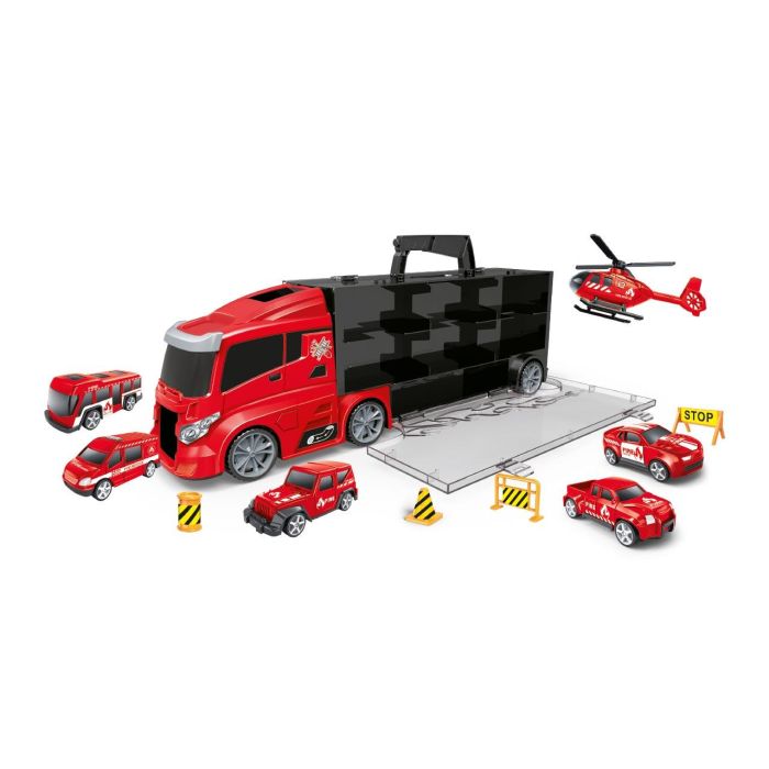 Tachan Camión Portacoches de Bomberos con 5 Coches, Avión y Señales de Tráfico para Niños +3 Años 1