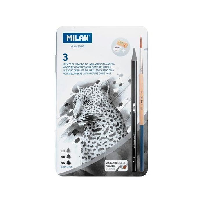 Milan Lápices Grafito Acuarelable Sin Madera 3 Hb-4B-8B + Sacapuntas + Goma + Pincel en Caja Metálica Milan Lápices Grafito Acuarelable Sin Madera 3 Hb-4B-8B + Sacapuntas + Goma + Pincel en Caja Metálica