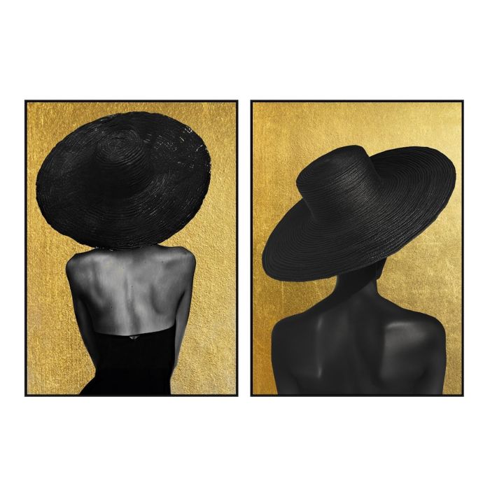 DKD Home Decor Cuadro Glam Chica Sombrero Dorado Negro Lienzo 143 x 103 cm Set de 2 Unidades DKD Home Decor Cuadro Glam Chica Sombrero Dorado Negro Lienzo 143 x 103 cm Set de 2 Unidades