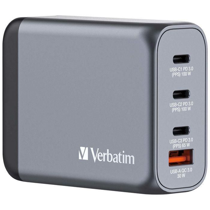 Verbatim GNC-100 Cargador de Pared Gan 100W con 1x USB-A 3.0 y 3x USB-C 3.0